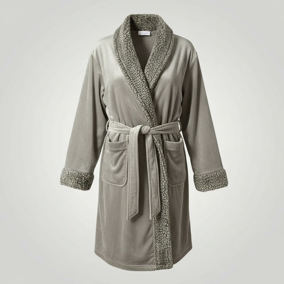 Pottery Barn Other - Pottery Barn Plush Cozy Ombre Robe Large Gray Sherpa Trim Hooded Loungewear